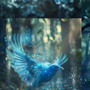 a mystical blue bird flying through an enchanted forest, glowing...