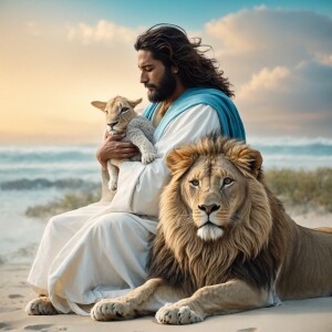 Illustrate a serene scene where Jesus, clad in a white robe with...