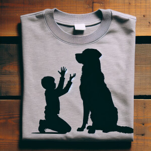 A folded gray t-shirt laid flat on a wooden surface. On the t-sh...
