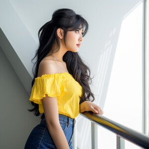 Capture the elegance of a fair-skinned woman with dark long hair...