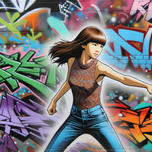 teenage girl, long brown hair and bangs, wearing tight skinny jeans and a halter top paint marks on her clothing, heroic pose Asian graffiti background, nearing on one knee