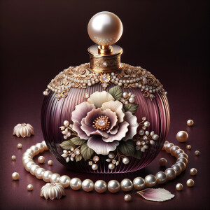 Imagine an exquisite perfume bottle as the centerpiece, rich in hue with a radiant purple gradient glass body. Embellished with a delicate floral motif, a single, elaborate flower painted in soft whites and subtle pinks rests upon the bottle. Curving gently around the flower is a string of lustrous pearls, adding a touch of elegance. The bottle's neck is adorned with a golden band, inset with intricate patterns and sparkling diamonds. Capping the bottle is a grand, spherical pearl that exudes sophistication. Around this central piece, we have a backdrop that enhances the bottle's luxury—a deep maroon surface upon which rests a scattering of pearls, a single, fallen petal, and an ornate golden twig with a pearl at its end. All elements combine to suggest opulence and style befitting the name 'Karen'.