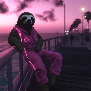 Sloths slerf meme..leaning on boardwalk railing smoking a cigare...