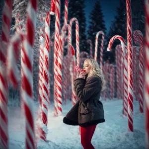 Blonde woman enjoying a candy cane in a whimsical Christmas-them...