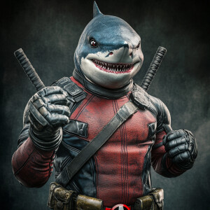An anthropomorphic shark dressed in a fitted Deadpool costume,...