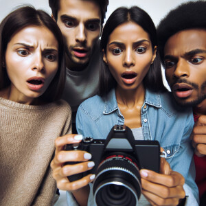2 guys and 2 girls are watching the camera footage in surprise