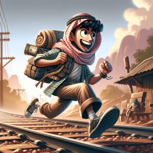 Comical caricature of a young boy running away, wearing a backpa...