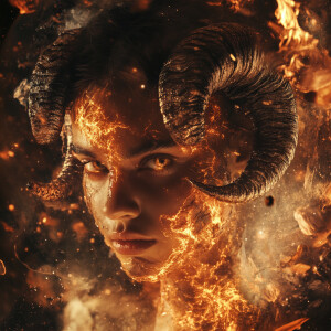 Aries as a celestial fire goddess, her face framed by horns of m...