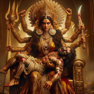 portrait of angry looking goddess durga sitting on a gold crown and carrying a weak mahishasur on her lap and stabbing him with her amazingly long fingernails. She is wearing gold armor, a huge gold crown, gold saree, abundant  gold jewelry, covered in blood. The scene is set in ancient India. The image is 8K resolution, photography, cinematic, ultra detailed face and epic