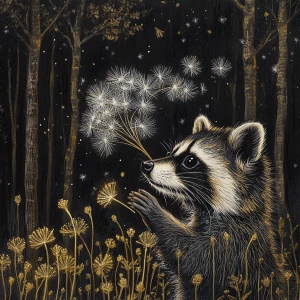 Raccoon blowing on dandelion seeds in forest among forest friend...