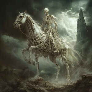 a skeleton riding on the back of a white horse, by Darek Zabrock...