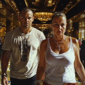 Painting hyperrealistic.A sweaty  man walking with his 54 year o...