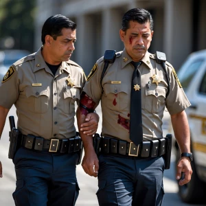 A Hispanic civilian assisting an injured deputy sheriff, who has...