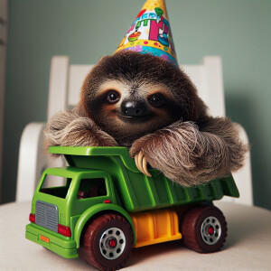 Baby fuzzy sloth sitting in a toy green garbage truck wearing a...