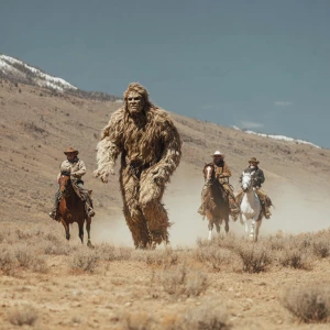 A humanoid looking hair covered sasquatch behind chased by 3 men...