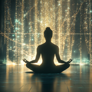 A serene human figure meditating in a soft-lit room, slowly spin...