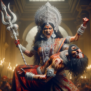 portrait of angry looking, gorgeous goddess durga cosplayer carrying a weak mahishasur in her two arms and stabbing him with her amazingly designed trident. She is wearing a huge silver crown, red saree, abundant silver jewelry, covered in blood. The scene is set in ancient India. The image is 8K resolution, cinematic, ultra detailed face and epic.