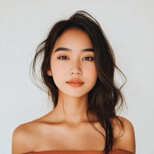 A portrait of a 22-year-old Filipina woman with a clean face and...