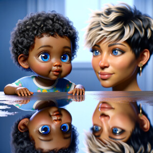 A curious cute african-American, baby with huge blue eyes and cu...