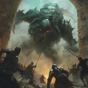 In a shadowy corner of a dark fantasy realm, a fearsome creature...