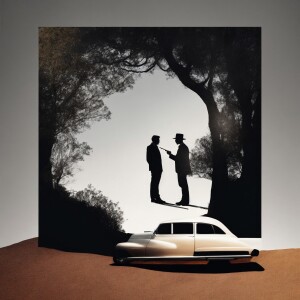 A man being stabbed in the back by a woman while he smokes a cig...