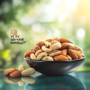 Create an image featuring a bowl of assorted nuts on a reflective surface. The background should be blurred with greenery, similar to a garden setting. Include text in Bengali that translates to 'Are you enjoying nuts?' and incorporate a logo indicating the product is from City Group. Ensure the overall color scheme and composition are attractive and inviting, similar to a refreshing and healthy lifestyle advertisement