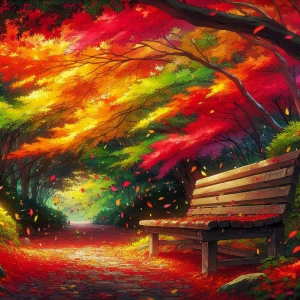 Create an anime-style image depicting a serene autumn park scene...