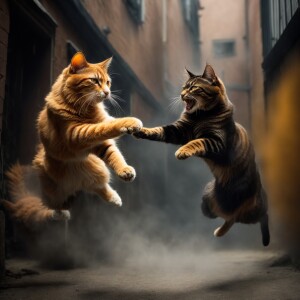 Create a scene of two cats in an intense fight. One cat is a lar...