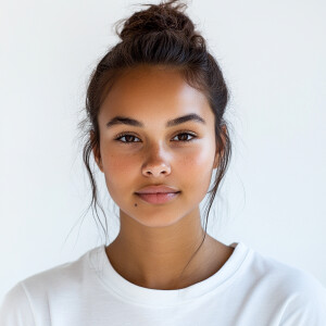 A 22-year-old cute Californian woman with brown skin, a clean fa...