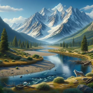 Mountain, river, wolf