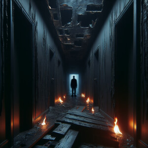 A destroyed hallway from a fire, all black but very eerie. Up cl...