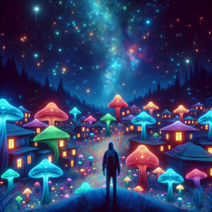 Psychedelic Human- magic mushroom villiage glowing in the dark n...
