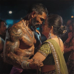 Hyperrealism painting.a muscular beefy tattoed gujarati sweaty...