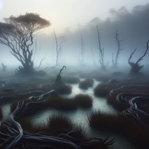 "In the pale light of dawn, a fog-shrouded marsh stretches endle...