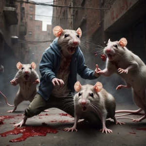 "Depict an intense gang fight between anthropomorphic rats, embo...
