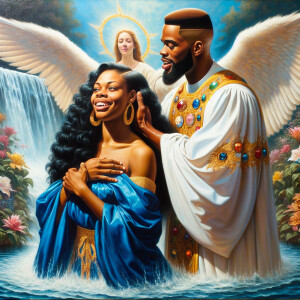 An oil painting depicting a light-skinned African-American pasto...