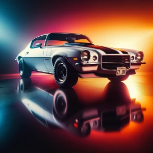 "Visualize a 1974 Camaro with a sleek white paint job accentuate...