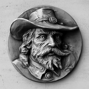 Design a high-contrast grayscale bas relief of  a hobo nickel