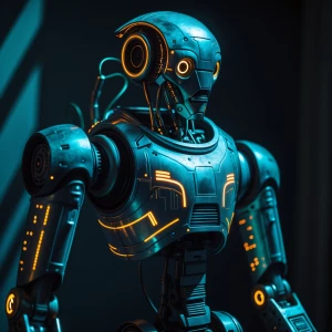 A bioluminescent dystopian droid mechanic gleams with a haunting...