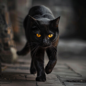 A beautiful black cat walking towards the camera