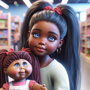 Create a 3-D realistic image of an African-American little girl above the age of five she has huge, blue eyes and thick long ponytails.
She is in a toy store and she is playing with her favorite african-American Cabbage Patch doll , the doll has deep, dimples and freckles