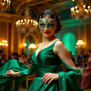 "In the opulent ballroom, a masked beauty captures every gaze, h...