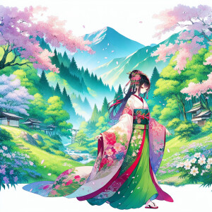 An anime girl with an elegant appearance, strolling through a fo...