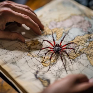 A good-looking sound arachnologist looking at a map of South Ame...