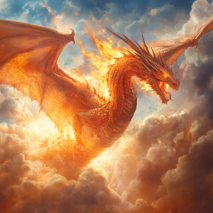 A majestic dragon soaring through the sky, exhaling fierce flame...