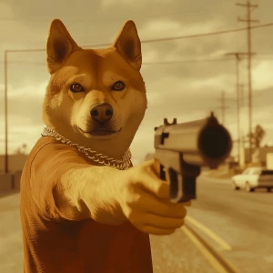 DOGE meme..Point shotgun at camera, in GTA San Andreas and carto...