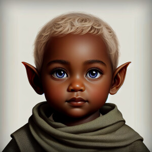 An elven baby with dark brown skin, blue eyes, and light blonde...