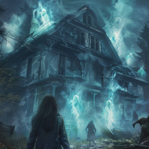 AI Image: Sarah facing a group of ghostly apparitions, with the...