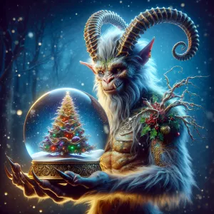 Krampus holds a snow globe in his hand, with a Christmas tree ca...