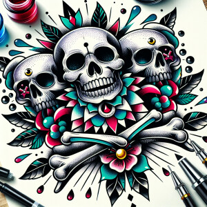 Skull and crossbones behind the skull in an new school tattoo st...
